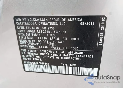 2019 Volkswagen Atlas 3.6L V6 S from USA, damaged, VIN 1V2GR2CA5KC595867